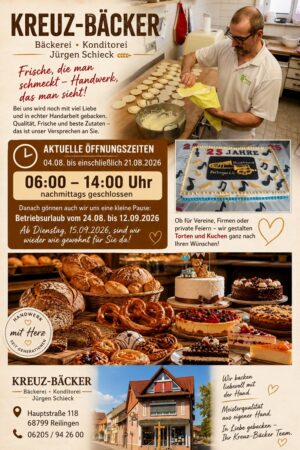 Kreuz-Bäcker Reilingen: Bis 21. August von 6 bis 14 Uhr für Sie da